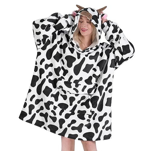 Fiosnow Cow Print Blanket Hoodies for Women and Men Adult Oversize Wearable Blanket Hoodies for Soft and Warm