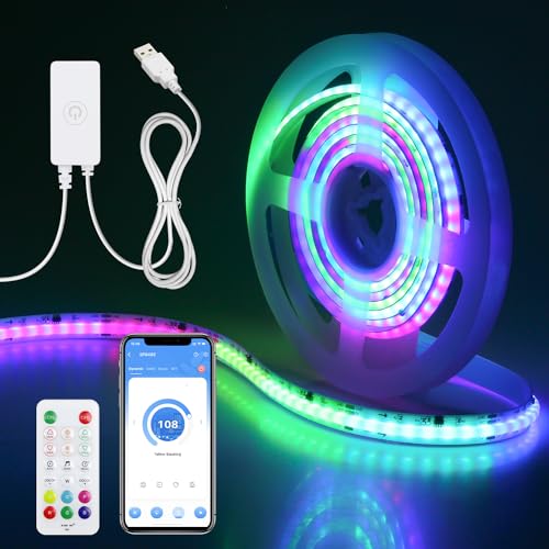 Aclorol 5V USB RGB IC COB LED Strip Light 2M Flexible RGB Smart IC Color Chasing COB Tape Light Addressable Dimmable LED Light Multicolor for TV Backlights Bedroom Under Cabinet USB-Powered