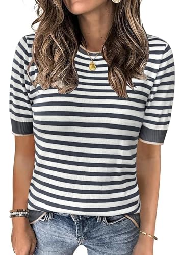 Image of Womens Tops Summer Short Sleeve Shirts Striped Sweater Cute Casual Top Trendy Women Clothing Crewneck Knit Blouses