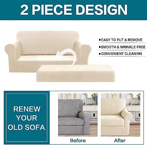 Turquoize TQSLIPCOVER2-2-NATURAL Stretch Sofa Slipcover 2 Pieces Sofa Cover Couch Cover For 2 Cushion Couch Washable Furniture Protector Covers With Elastic Bottom Feature Thick Jacquard Fabric thumb #2
