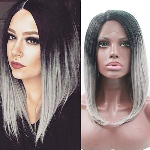 Fennell 2Tone Ombre Black To Silver Gray Synthetic Lace Front Wig Short Bob Heat Resistant Hair Wigs For Ladies