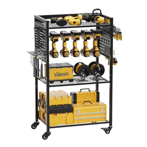 VDEVY 38IN Large Power Tool Organizer Cart, Rolling Tool Drills Holders Storage Rack on Wheels, Black Utility Cart for Garage Workbench, Warehouse, Gift for Husband