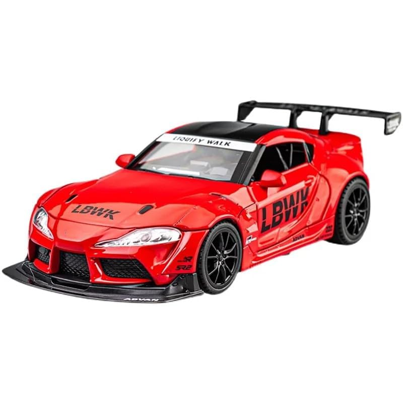 Image of PINQUE Kids Toyota Supra GR LBWK 1:24 Diecast Alloy Metal Pull Back Car With Openable Doors, Music, Sound and Light - Vehicle Toy for Boys (Red)