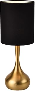 Mid Century Modern Table Lamp Gold, 17.3" Small Desk Light with Brass Metal Droplet Base, Black Cylinder Linen Drum Shade, Nightstand Lamp for Bedroom Living Room Nightstand Office