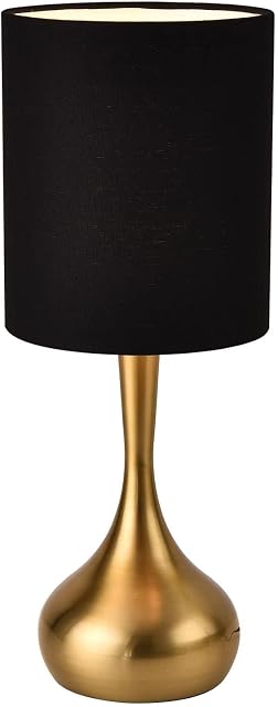 Lampe de table moderne Mid Century Gold, 17.3" Petit éclairage de bureau avec base de gouttelettes en métal laiton, noir Cylindre Drum Shade, Lampe de chevet pour chambre Salon Bureau