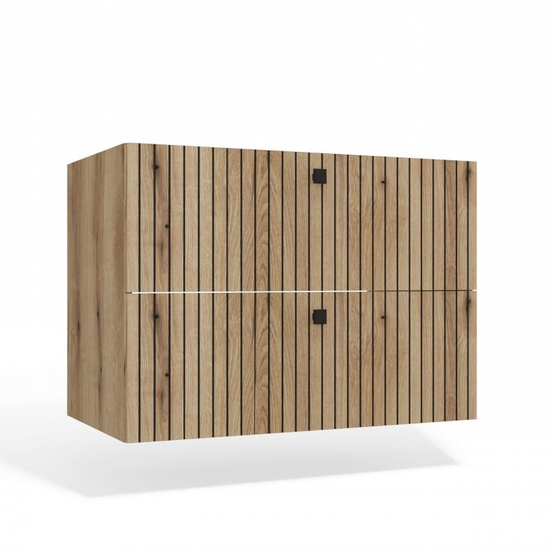 Meuble sous-lavabo suspendu CDF avec 2 tiroirs, meubles de salle de bain avec façades à lamelles et poignées – Rangement pour accessoires de bain, cosmétiques, serviettes – Design moderne Tigo 802S