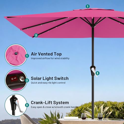 Image of AreShark 8' X 10' Rectangular Patio Umbrella with Solar Lights, Lighted Solar Umbrella with Crank, Outdoor Table Umbrella for Garden, Deck, Backyard, Pool and Beach, Rose Pink