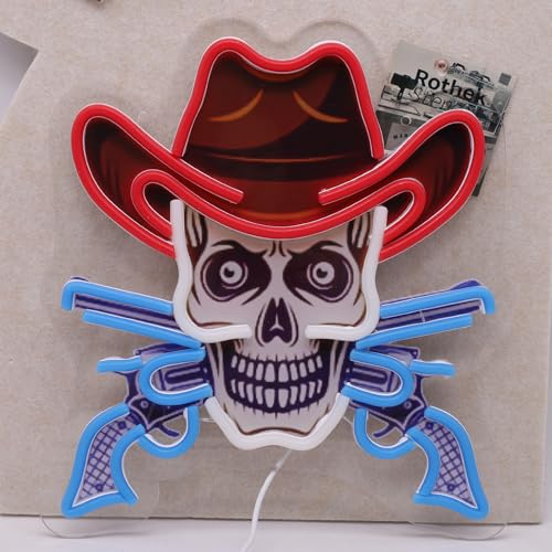 Image of Skull With Gun In Cowboy Hat Neon Sign For Wall Decor, Colorful UV Printed Neon Light with Retro Design, LED Artwork for Bar, Bedroom, Game Room, Man Cave Party Decoration Holiday Birthday Gifts