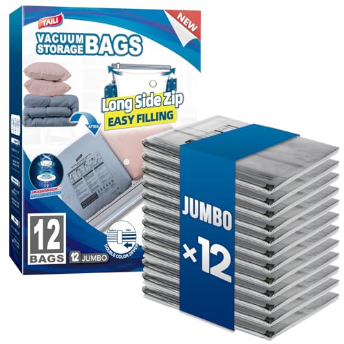 Image of TAILI 12 Pack Vacuum Storage Bags, Jumbo LONG SIDE ZIP(39x28 inch), Clear | Vacuum Seal Bags for Clothing, Space Saver for Beddings, Comforters, Blankets, Pillows