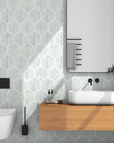 Image of OSECAGE Modern Peel and Stick Wallpaper Boho Contact Paper 17.3''x197'' | Geometric Self Adhesive Wallpaper Removable White and Green Wall Paper Decorative for Bedroom Bathroom Cabinets Decor Vinyl