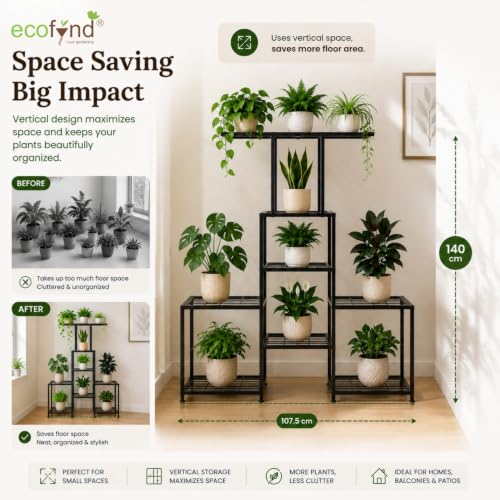 Image of ecofynd Koda Plant Stands for Outdoor Balcony, Flower Pot Stand for Indoor Plants, Large Metal Planter Stand for Living Room, Home Decor, Indoor & Outdoor Plants, 8 Tier (PS055-BLK)