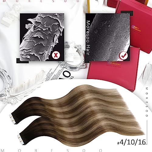 Moresoo Tape in Extensions Human Hair Highlighted Brown Hair Extensions Tape in 22 Inch Dark Brown Root Ombre to Light Brown with Dark Honey Blonde Tape in Hair Extensions Real 20 Pieces/50g #4/10/16 - Image 2