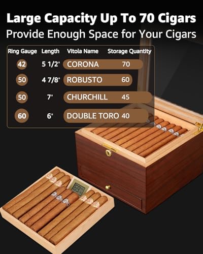 Flauno Cigar Humidor with Lock, Air Circulation System, up to 70 Cigars, Spanish Cedar Wood, Accurate Digital Hygrometer, Drawer, Humidifier, Divider, Gift for Cigar Lovers - Image 4