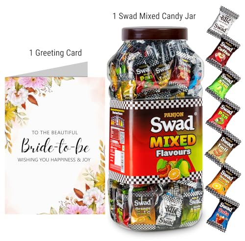 Image of Swad Prospective Bride To Be /engaged Gift with Card (Swad Mixed Flavours Candy 200 Jar & 1 Greeting card) 2 units