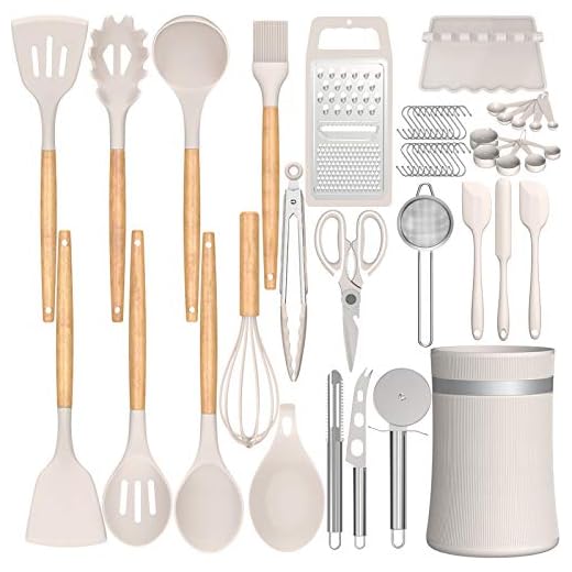 Silicone Cooking Utensils Kitchen Utensil Set, AIKKIL 32pcs Non-stick Kitchen Cooking Utensil Spatula Set with Holder, Heat Resistant Wooden Handle Khaki Kitchen Gadgets Tools Set