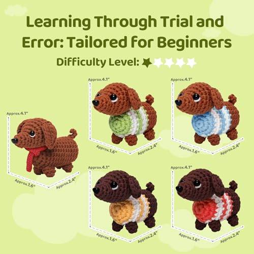 Image of Mewaii Crochet Kit for Beginners - 5 Easy Dachshund Dog Crochet Kits with Step-by-Step Video Tutorials, Pre-Started Yarn, 40% Extra Yarn, Beginner Crochet Kit for Adults & Kids