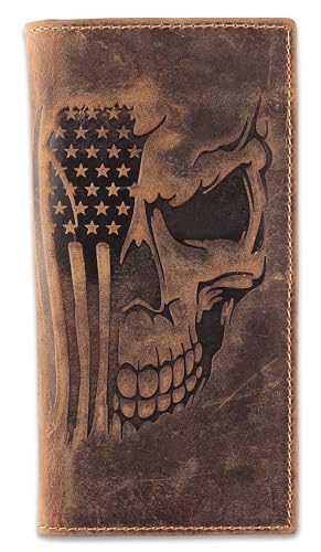 Image of F&L CLASSIC Men's RFID Vintage Look Genuine Leather Long Bifold Wallet Checkbook Wallets,brown flag skull,240-103