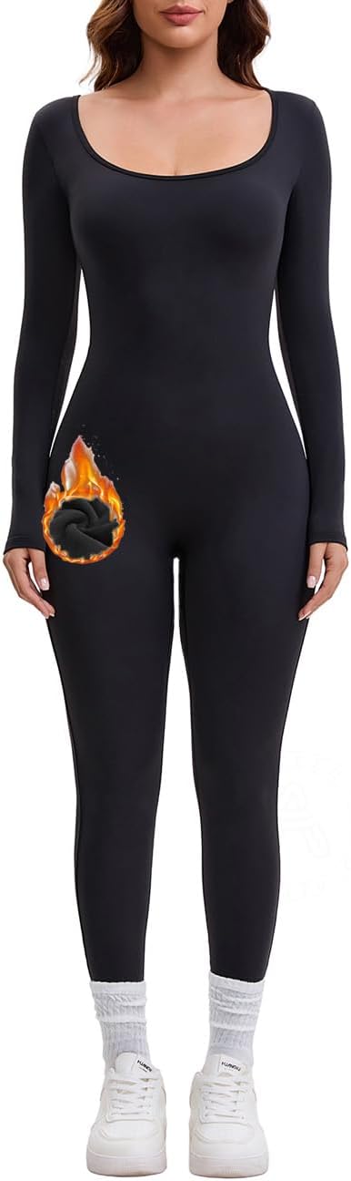 AEEZO Womens Fleece Lined Scoop Neck Long Sleeve Jumpsuit Thermal Sexy Tummy Control Ski Snow One Piece Bodycon Playsuit AEEZO Womens Fleece Lined Scoop Neck Long Sleeve Jumpsuit Thermal Sexy Tummy Control Ski Snow One Piece Bodycon Playsuit