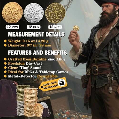 ZUCOS Piraten Münzen Zubehör,Goldmünzen-Set, Metall Goldtaler Deko Dublonen für DND Brettspiele, Cosplay, Realistische Mittelalter Geld-Imitation, Piratenschatz (Gold 12,Silver 12,Copper 12, Large)