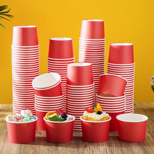 Image of Nuenen 100 Pcs 8 oz Summer Ice Cream Paper Cups Bulk Disposable Dessert Cups Solid Color Paper Dessert Bowls for Snack Sundae Spring Party Favors Ice Cream Bar Supplies (Red)