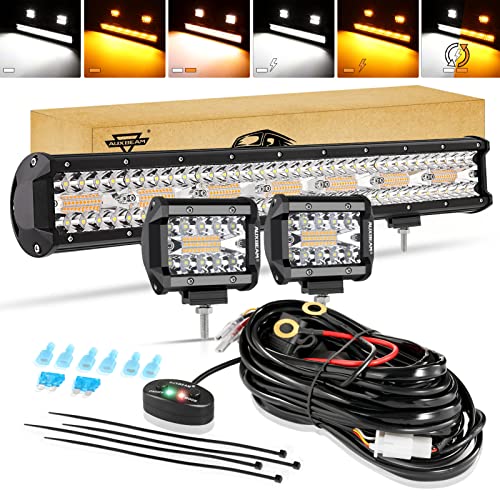 Auxbeam 20" 420W LED Strobe Light Bar, 2Pcs 4" 120W Spot Flood Combo LED Pods, 6 Modes Memory Reset Function Amber White Fog Light Offroad Strobe Lighting 4 Inch & 20 Inch