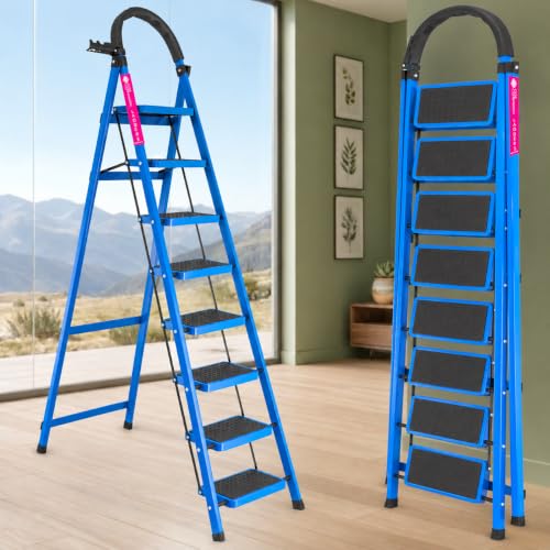 Image of Casa Copenhagen Blue 8 Step Ladder for Home Use with Built-in Tool Tray | Heavy Duty D Shape Rods | Ultra Large Platform | Wide Rubber Feet | 150Kg Capacity Foldable Ladder - 7 Years Warranty