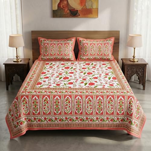 Image of Mafatlal 144 TC Heritage 100% Pure Cotton Jaipuri Bedsheet with Pillow Covers(90x108 inches) | Soft & Breathable Fabric | Traditional Floral Print | Color Burst
