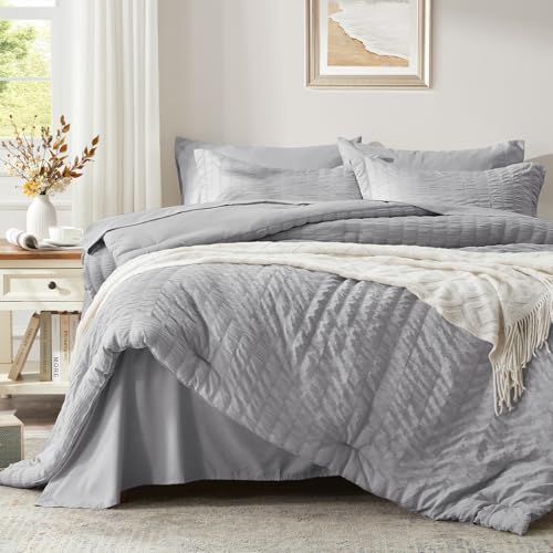 Image of Zzlpp Queen Comforter Set 7 Pieces, Light Grey Seersucker Bed in a Bag with Comforter and 2 Sheets, All Season Bedding Sets with 1 Comforter, 2 Pillow Shams, 2 Pillowcases