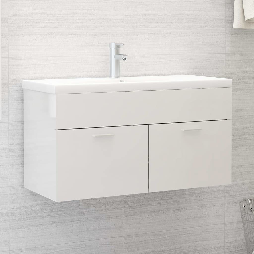 Armadietto per lavabo montato a parete, in truciolato bianco lucido, 90 x 38,5 x 46 cm