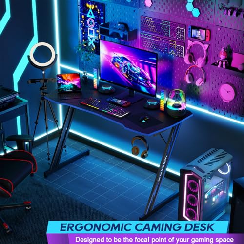Image of BestOffice 39 inch Gaming Desk Computer Gaming Desk Z Shaped Gaming Workstation Ergonomic Gaming Table with Headphone Hook for Game Players,Black&Blue