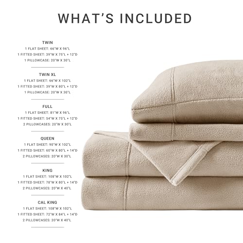 Image of True North by Sleep Philosophy Micro Fleece Bed Sheet Set, Warm, Sheets with 14 inch Deep Pocket, for Cold Season Cozy Sheet-Set, Matching Pillow Case, Queen, Khaki, 4 Piece