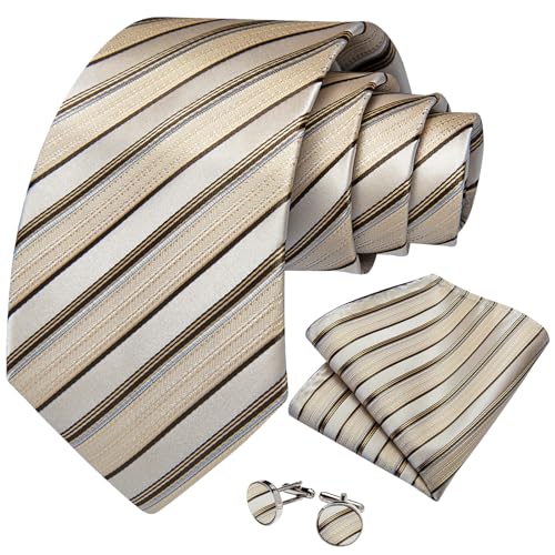 Image of DiBanGu Striped Tie Set for Men Silk Woven Plaid Necktie and Pocket Square Cufflinks Business Wedding