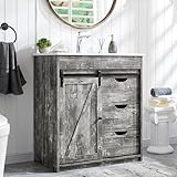Aitjunz 30' Farmhouse Bathroom Vanity with Sink, Freestanding Bathroom Storage Vanity Cabinet w/Sliding Barn Door & 3 Drawers, Adjustable Shelves, Light Grey