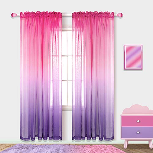 Pink and Purple Curtains for Girls Bedroom 2 Panels Set Ombre Sheer Cute Princess Curtains for Kids Nursery Decor Teen Girls Room Decoration 84 Inch Length