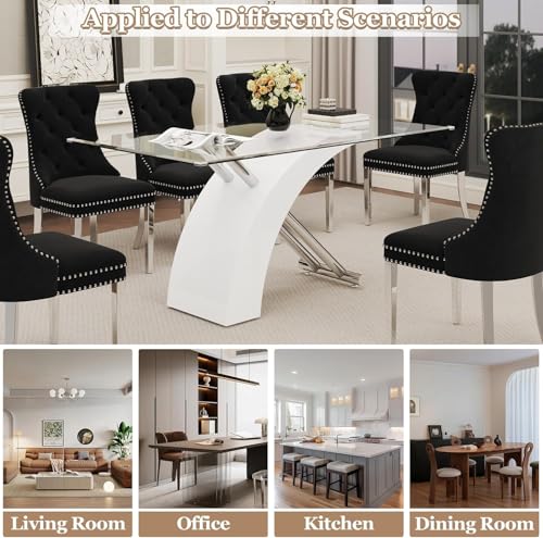Image of 7 Piece Glass Dining Table Set for 6, 63 inch Modern Kitchen Table with 6 Black Velvet Chairs, Tempered Glass Tabletop with White X-Shaped MDF Base, Modern Dining Room Set for Kitchen and Dining Room