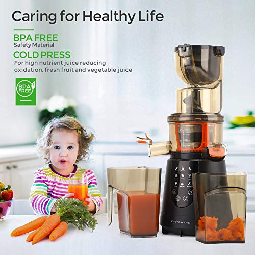 Masticating Juicer, Vestaware Slow Juicer Machines Large Chute Cold Press Juicer with Quiet Motor & Reverse Function, Easy Clean BPA-Free Juice Extractor with Recipes for Fruits and Vegetables