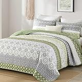 WONGS BEDDING Boho Quilt Set Queen Size,Olive Green Bohemian Striped Patchwork Bedspread Coverlet Set,3 Pieces Microfiber Bedding Set for All Seasons (96'x90')