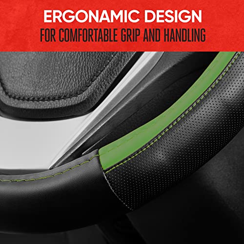 Image of Motor Trend SportDrive Faux Leather Steering Wheel Cover, Standard 15 inch Size, Two-Tone Black & Green, Car Steering Wheel Cover for Truck Van SUV Auto