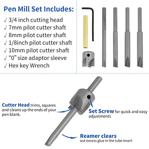 pen mill set 7 pc pen barrel trimming system with 34 inch cutting head 7mm 8mm 38 inch 10mm pilo ctutter shafts 0 size adaptor sleeve and hex key wrench pen barrel mill trimmer set