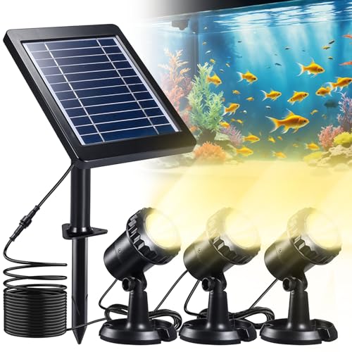 PChero Luces solares sumergibles para estanque, luz blanca cálida, IP68, impermeable, 3 lámparas LED y panel solar...