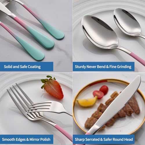 20-Piece-pink-green-Silverware-Set180-Stainless-Steel-Colorful-Handle-Flatware-SetService-for-4Modern-Cutlery-Set-Includes-Dinner-Knives-Forks-Spoons-Mirror-PolishedDishwasher-Safe 20 Piece pink green Silverware Set180 Stainless Steel Colorful Handle Flatware SetService for 4Modern Cutlery Set Includes Dinner Knives Forks Spoons Mirror PolishedDishwasher Safe