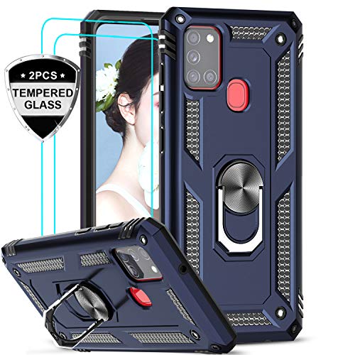 LeYi für Samsung Galaxy A21S Hülle mit Panzerglas Schutzfolie(2 Stück),360 Grad Ring Halter Handy Hüllen Cover Magnetische Bumper Schutzhülle für Case Samsung Galaxy A21S Handyhülle Blau
