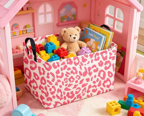 Image of Sanjiaofeng Rectangular Kids Baskets,leopard print basket,Pink Storage Basket with Handles,Waterproof Collapsible Storage Bin for Kids,Kid Room Decor,Books Box,Gift Basket(leopard print)