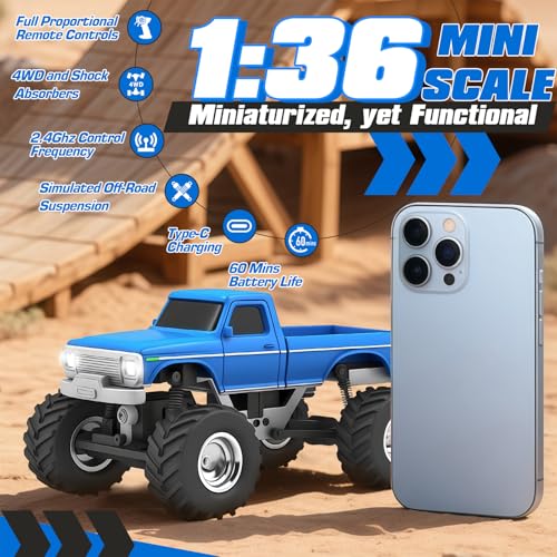 Image of [4WD Edition 1 /36 Scale Mini RC Crawler Car, Toys for Age 8-14 Old Birthday Gifts, Micro RC Truck 4x4 Small Cars with Off Road Full Proportional RTR 2.4GHz Remote - Blue