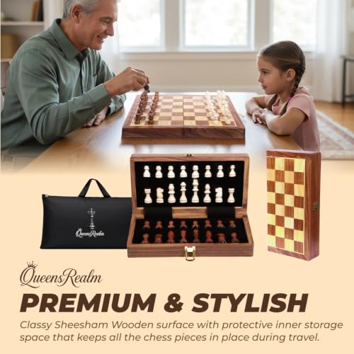 Image of QueensRealm 12.5 Inch Wooden Handmade Magnetic Chess Board Set with Magnetic Pieces | Premium Foldable Chessboard for Kids and Adults Ideal for Indoor Outdoor Chess Set (12.5 x 12.5 Inches Wooden)