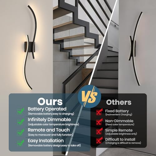 Image of Battery Operated Wall Sconce Set of 2, 18000mAh Black Rechargeable Wall Lights with Remote Control,3000K-6000K Dimmable LED Wireless Wall Light for Living Room Bedroom Hallway,39.3 Inch (Black)