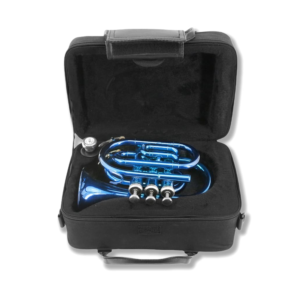 Trompette de poche musicale en si bémol standard pour trompette en cuivre laqué avec embouchure 7 C, étui rigide et embouchure (bleu)