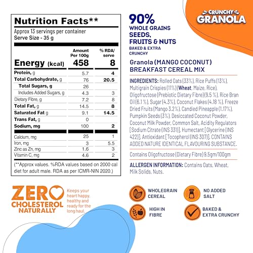 Fit & Flex Baked Crunchy Granola | Mango Coconut| Oat Rich Cereal with High Protein and Fibre | Ready to Eat Healthy Granola for Breakfast | Real Freeze Dried Fruits Snacks-450 GM (Pack of 2)