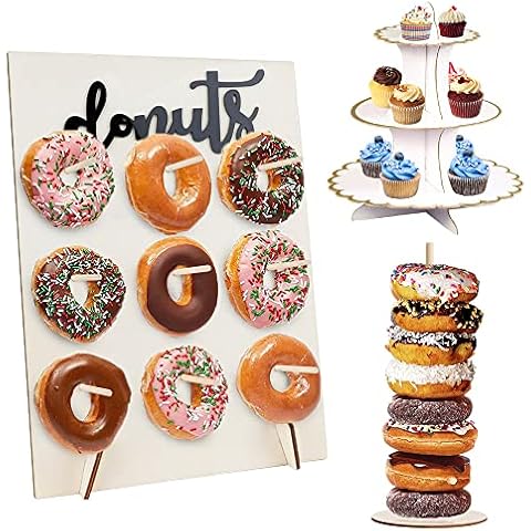 Wood Reusable Bagel Donut Stand, Wooden Donut Wall Stand and White Gold 3-Tier Cardboard Cupcake Stand for Wedding, Birthdays, Party Decoration Cover