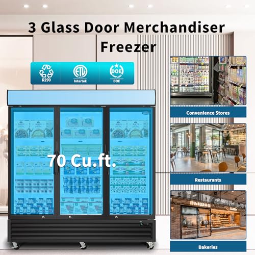 Image of mikibama Glass Door Merchandiser Freezer, 70 Cu.ft Swing Door Commercial Reach-In Display Refrigerator with LED Top Panel Upright Freeze Storage, Three Cabinets, Black